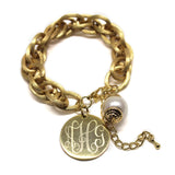 Monogram Charm Bracelet with Pearl-Gold or Silver-Engraved Link Bracelet